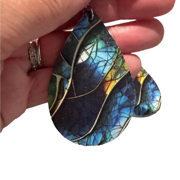 Blue, Green and Yellow Mosaic Leather Drop Earrings - Picture 6 of 6